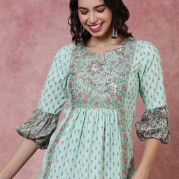 AADAT Ethnic Motifs Printed Puff Sleeves Cotton A-Line Top-image-4