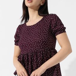 Campus Sutra Maroon Polka Dots Printed Peplum Top-image-7