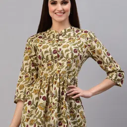 Stylum Beige and Maroon Floral Printed Cotton Peplum Top-image-12