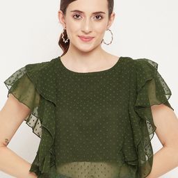 Bitterlime Women Olive Green Self Design Ruffles Georgette Top-image-77