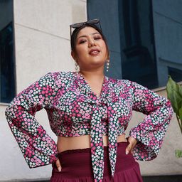 CURVE BY KASSUALLY Black & Pink Plus Size Floral Printed Tie-Up Neck Crop Top-78