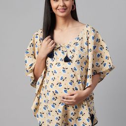 anayna Women Beige & Blue Floral Print Kaftan Maternity Top-image-94