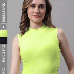 FBARPack Of 2 High Neck Ribbed Fitted Pure Cotton Crop Top-image-0