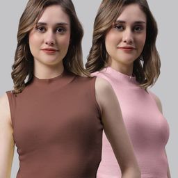FBAR Pack Of 2 High Neck Crop Cotton Rib Fitted Top-image-46