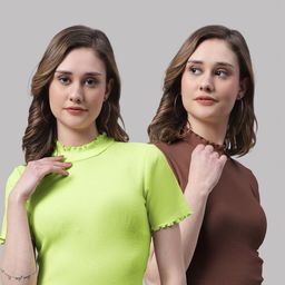 FBAR Pack Of 2 High Neck Ribbed Bio-Wash Cotton Tops-image-82