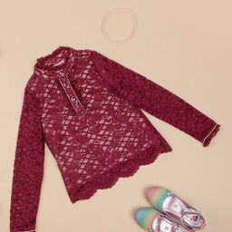 One Friday Girls Self Design Mandarin Collar Long Sleeves Cotton Lace Top-12