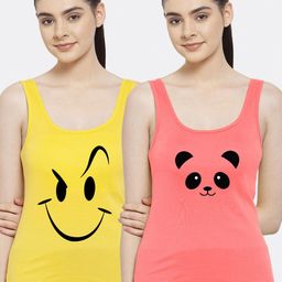 Friskers Pack of 2 Yellow & Orange Smiley & Panda Printed Pure Cotton Tank Tops-image-32