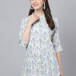 Divena Print Mandarin Collar Roll-Up Sleeves Shirt Style Longline Top-image-47