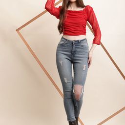 KALINI Geometric Printed Square Neck Georgette Crop Top-8