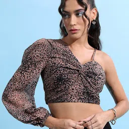 Tokyo Talkies Brown & Black Animal Printed One Shoulder Styled Back Crop Top-image-39