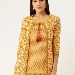 FABRIC FITOOR Mustard Yellow Floral Print Tie-Up Neck Top-image-76