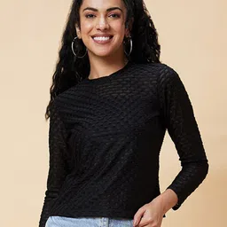 Globus Black Self Design Semi Sheer Long Sleeve Top-image-82