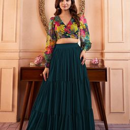 Inddus Floral Print V Neck Long Puff Sleeves Blouson Organza Top-image-9