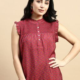 De Moza Geometric Print Mandarin Collar Flutter Sleeve Crepe Top-picture-8