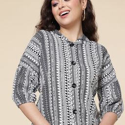 CLEMIRA Ethnic Motifs Printed Cuban Collar Cuffed Sleeves Shirt Style Top-image-69