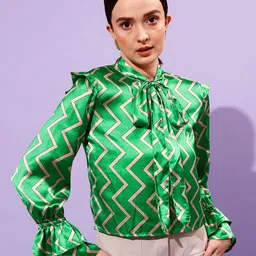 STREET 9 Geometric Printed Tie-Up Neck Bell Sleeves Satin Top-image-98