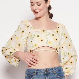 Madame Floral Printed Square Neck Puff Sleeves Crop Top-picture-31
