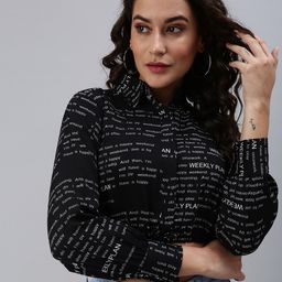 SHOWOFF Black Print Crepe Shirt Style Crop Top-image-93