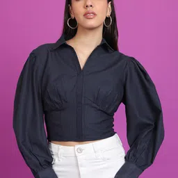 Tokyo Talkies Navy Blue Cuffed Sleeves Shirt Style Crop Top-image-17
