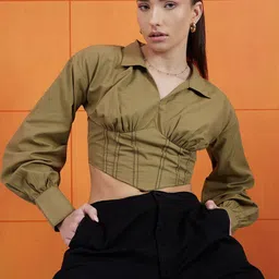 STREET 9 Green Shirt Collar Cuffed Sleeves Pure Cotton Crop Empire Top-image-7