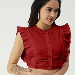 Moomaya Flutter Sleeve Cotton Shirt Style Crop Top-image-61