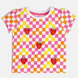 MINI KLUB Girls Embroidered Checked Round Neck Cap Sleeves Regular Cotton Top-picture-58