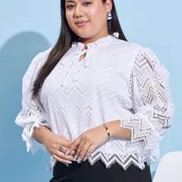 Athena Ample Plus Size Self Design Tie-Up Neck Lace Top image 3