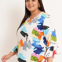 U&F Beyond Plus Size Abstract Printed Keyhole Neck Bell Sleeve Top image 4