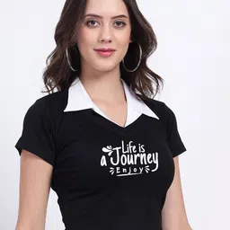 TABADTOD Typography Printed Crop Top With Collar image 3