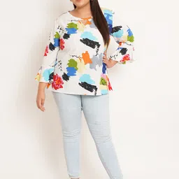 U&F Beyond Plus Size Abstract Printed Keyhole Neck Bell Sleeve Top image 2