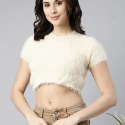 SHOWOFF Self Design Faux Fur Trim Acrylic Crop Top-image-12