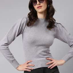 SHOWOFF High Neck Puff Sleeves Fitted Top-37