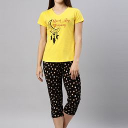 Curare Women Yellow & Black Graphic Pure Cotton Printed Night Suit-image-39