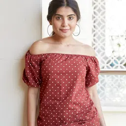 NANGALIA RUCHIRA Maroon Floral Print Off-Shoulder Bardot Crop Top-image-77