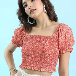 Tokyo Talkies Red Floral Printed Puff Sleeves Smocked Fitted Crop Top-image-77