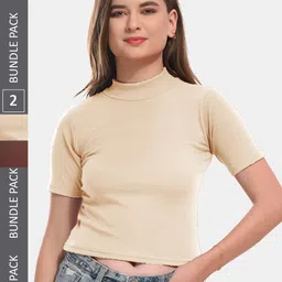 Boleem Pack Of 2 Ribbed Cotton Fitted Crop Top-image-4