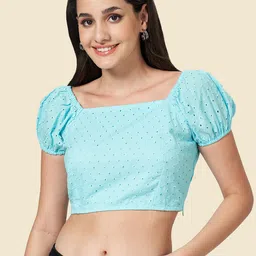 YU by Pantaloons Self Design Puff Sleeves Schiffli Cotton Crop Top-picture-6