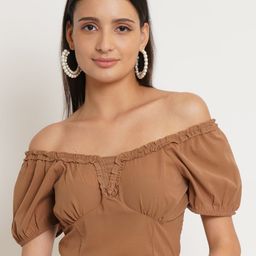 IX IMPRESSION Brown Off-Shoulder Crop Top-image-58