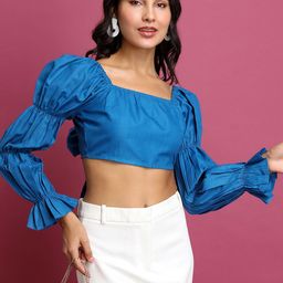 Tokyo Talkies Blue Bell Sleeve Styled Back Crop Top-image-10