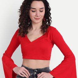 COLOR CAPITAL V Neck Bell Sleeve Wrap Crop Top-image-74