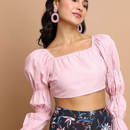 Tokyo Talkies Square Neck Puff Sleeves Tie-Ups Detail Crop Top-image-32