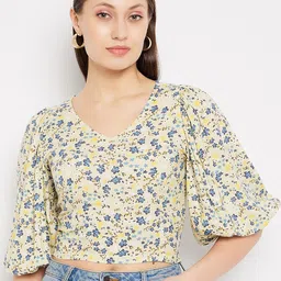 Hypernation Floral Printed Puff Sleeves Fitted Crop Top-image-33