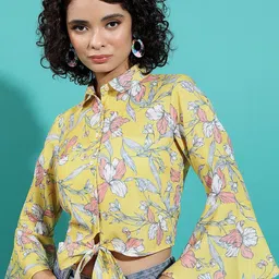Vishudh Floral Printed Tie-Up Detail Bell Sleeves Crop Shirt Style Top-picture-16