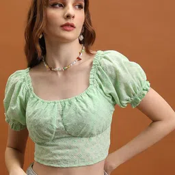 KETCH Floral Embroidered Square Neck Puff Sleeves Smocking Detail Crop Top-image-2