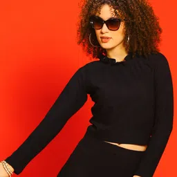 Sera Black Self Design High Neck Raglan Sleeves Crop Top-image-24