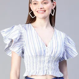 Oxolloxo Striped Flutter Sleeves Cotton Cinched Waist Crop Top-picture-1
