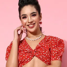 BAESD Red Floral Printed Puff Sleeves Crepe Bralette Crop Top-image-18
