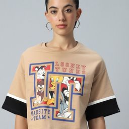 BEWAKOOF HEAVY DUTY LOONEY TUNES Varsity Team Graphic Printed Oversized Short Top-image-0