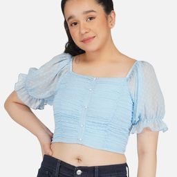 Antheaa Girls Blue Ruched Chiffon Crop Top-picture-33