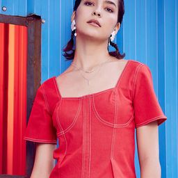 Athena Red Square Neck Cotton Canvas Regular Top-image-70